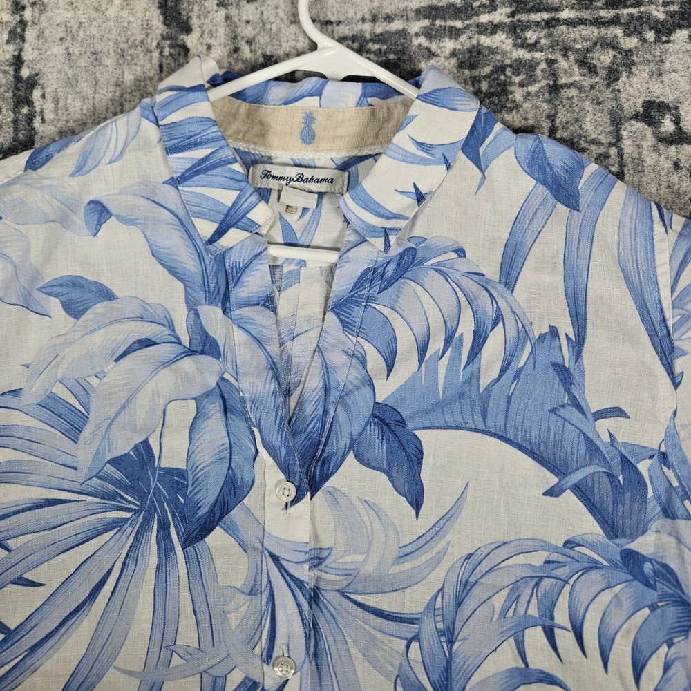 Tommy Bahama Shirt Women's Size Medium Blue White Floral 100% Linen Button Up